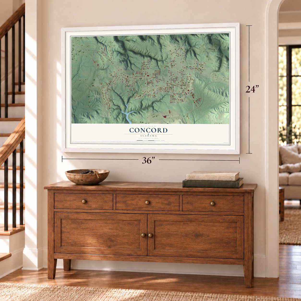 Concord, Alabama map, 24 x 36 inch print in a white frame above a dresser by a staircase