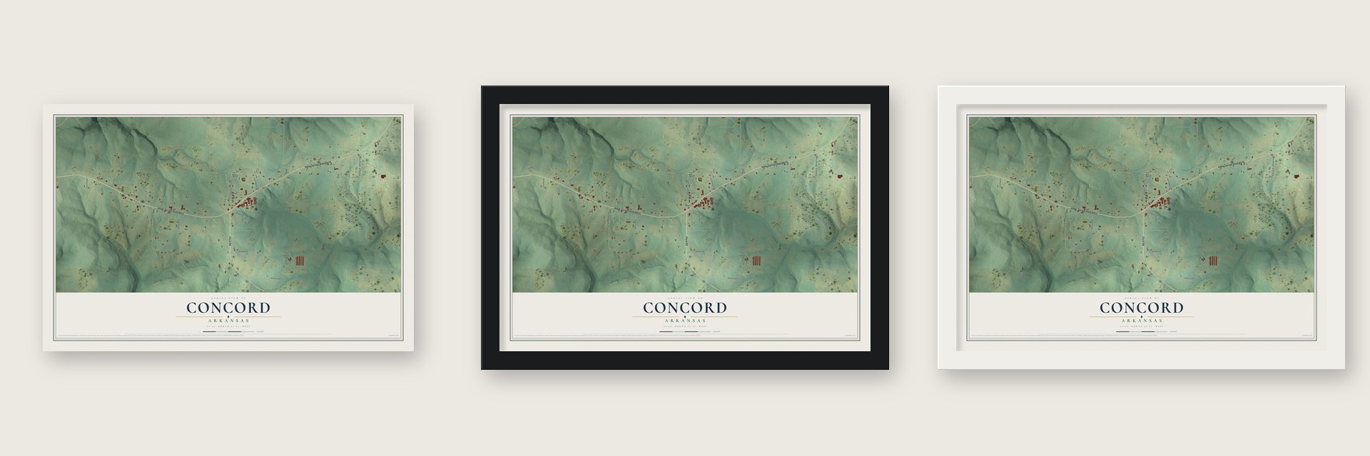 Concord, Arkansas map unframed, in a black wood frame and in a white wood frame