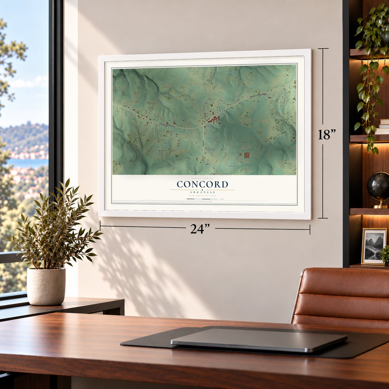 Concord, Arkansas map, 18 x 24 inch print in a white frame in a home office