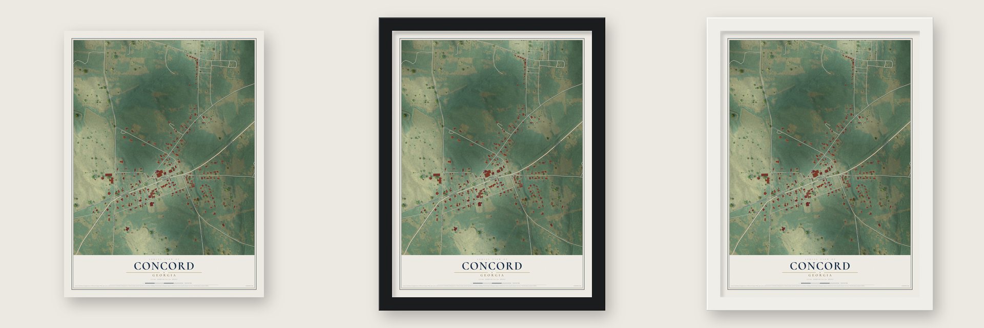 Concord, Georgia map unframed, in a black wood frame and in a white wood frame