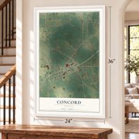 Concord, Georgia map, 24 x 36 inch print in a white frame by a staircase