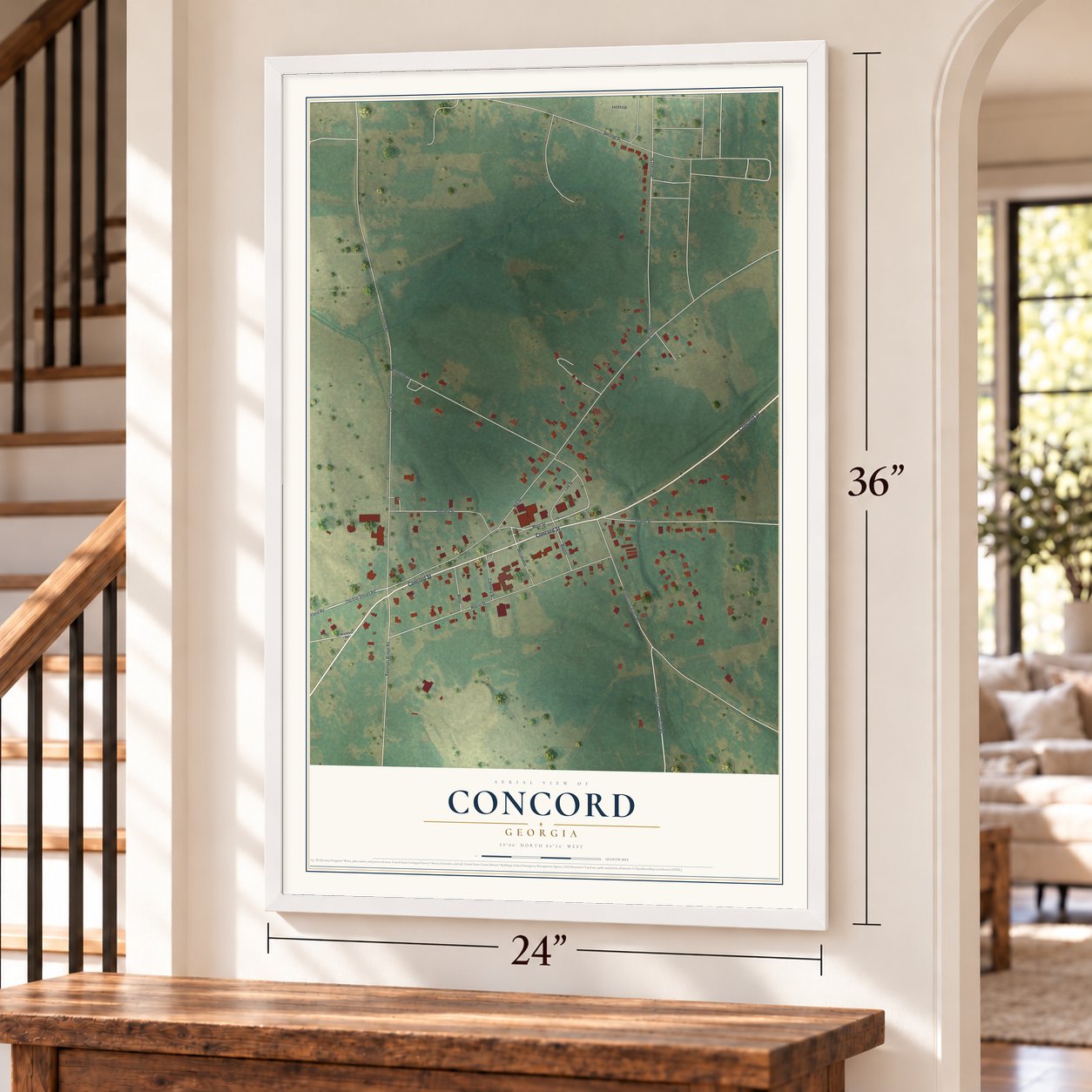 Concord, Georgia map, 24 x 36 inch print in a white frame by a staircase