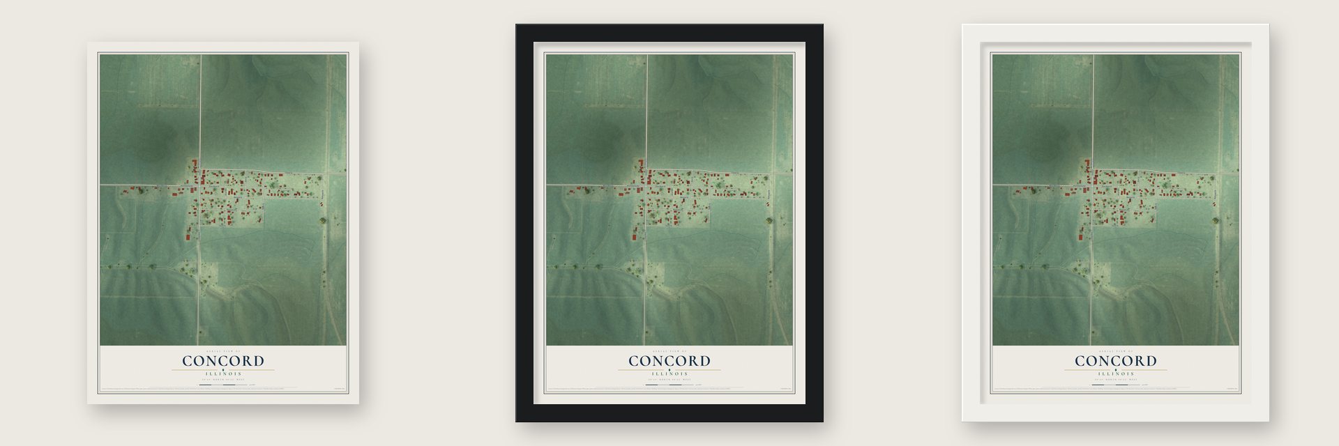 Concord, Illinois map unframed, in a black wood frame and in a white wood frame