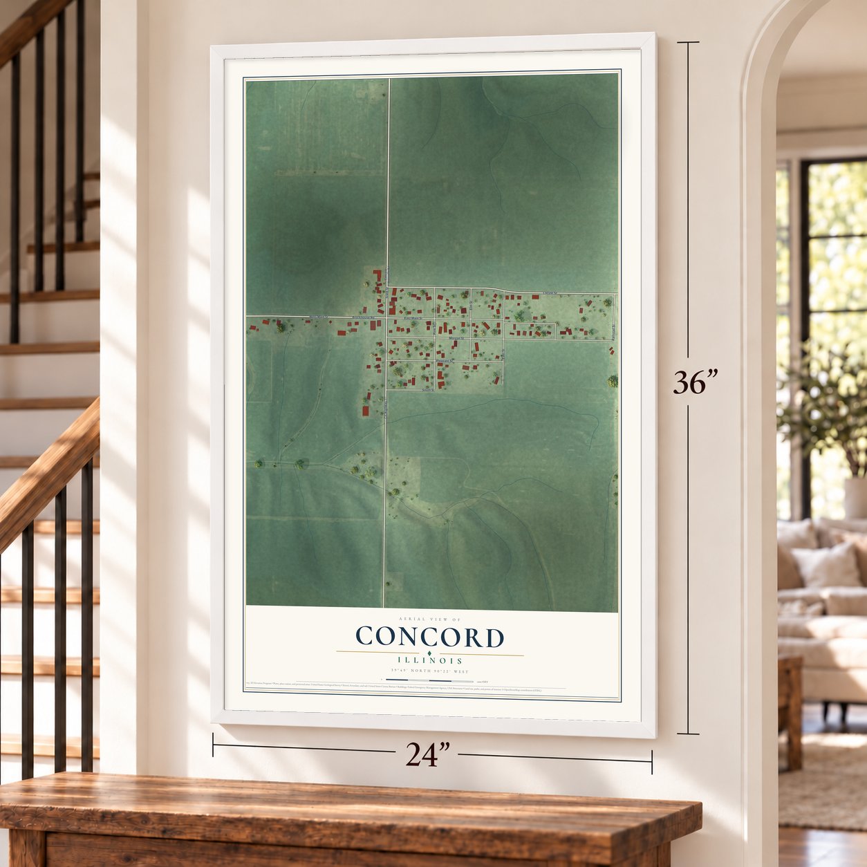 Concord, Illinois map, 24 x 36 inch print in a white frame by a staircase