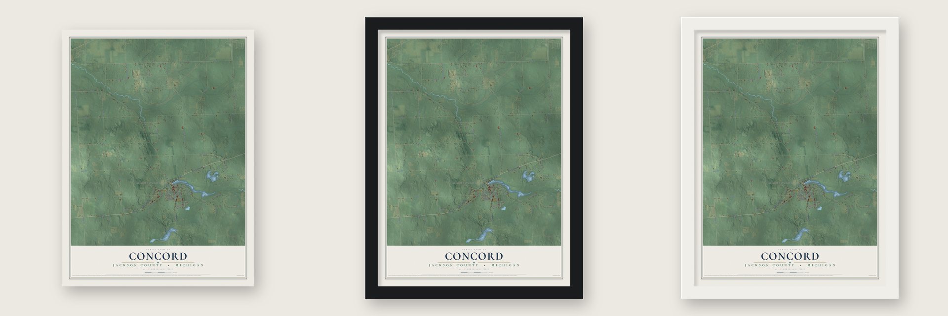 Concord, Jackson County, Michigan map unframed, in a black wood frame and in a white wood frame