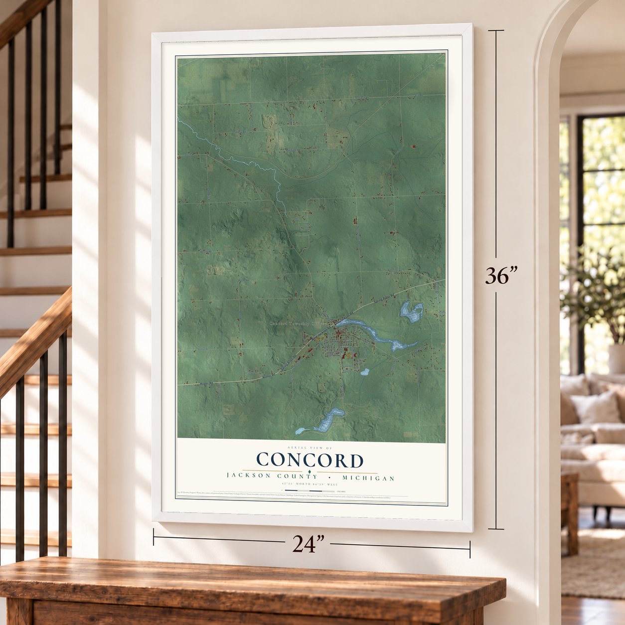 Concord, Jackson County, Michigan map, 24 x 36 inch print in a white frame by a staircase