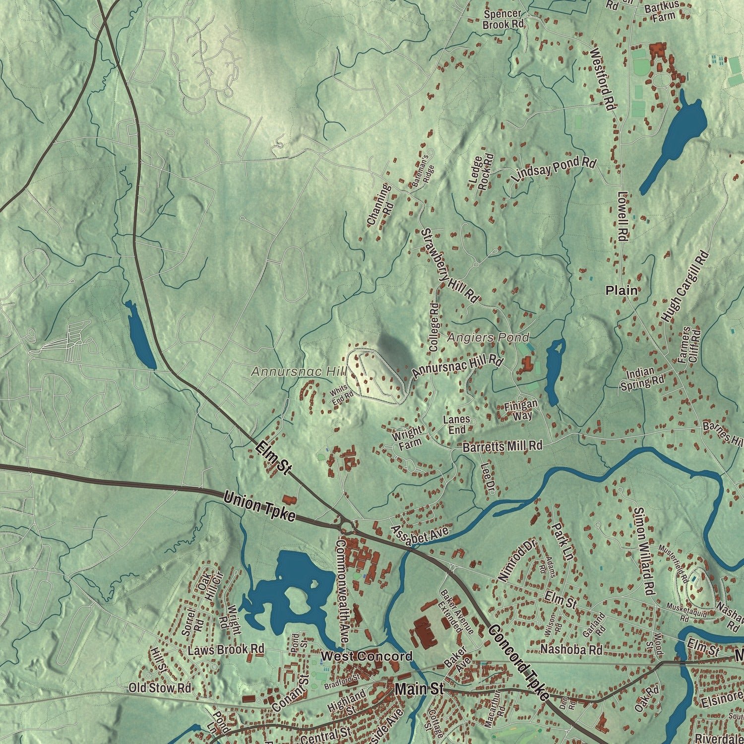 Close-up of the map of Concord, Massachusetts print showing terrain and local geography