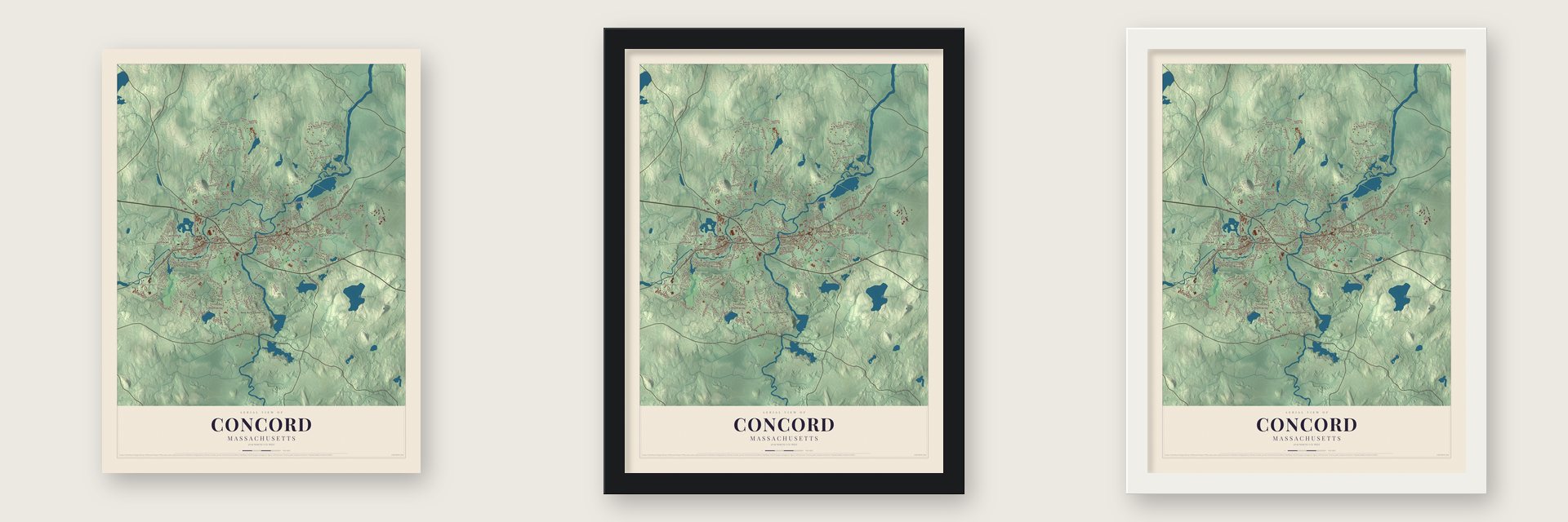 Concord, Massachusetts map unframed, in a black wood frame and in a white wood frame
