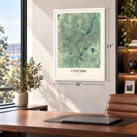 Concord, Massachusetts map, 18 x 24 inch print in a white frame in a home office