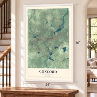 Concord, Massachusetts map, 24 x 36 inch print in a white frame by a staircase