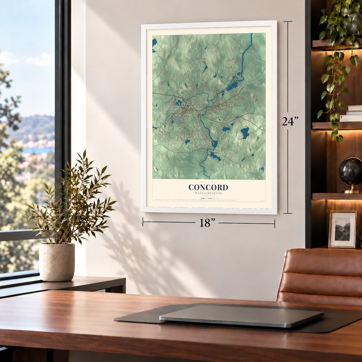 Concord, Massachusetts map, 18 x 24 inch print in a white frame in a home office