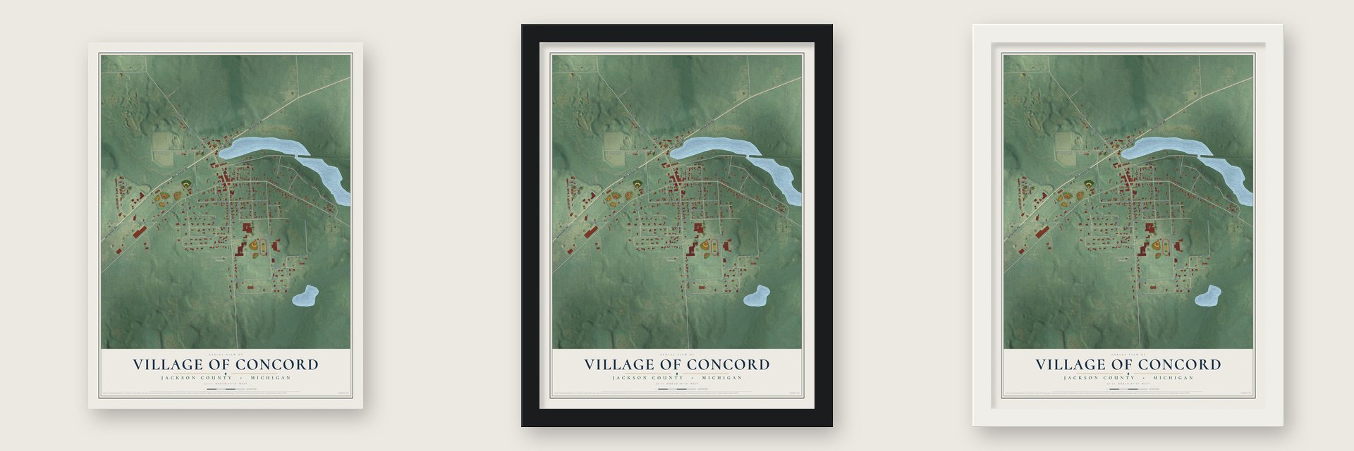 Concord, Michigan map unframed, in a black wood frame and in a white wood frame