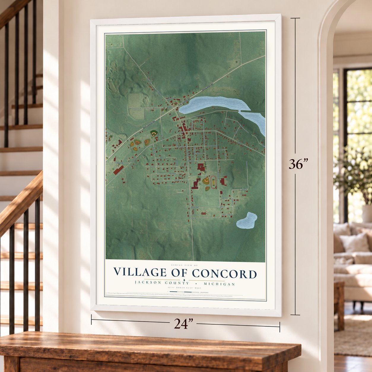 Concord, Michigan map, 24 x 36 inch print in a white frame by a staircase