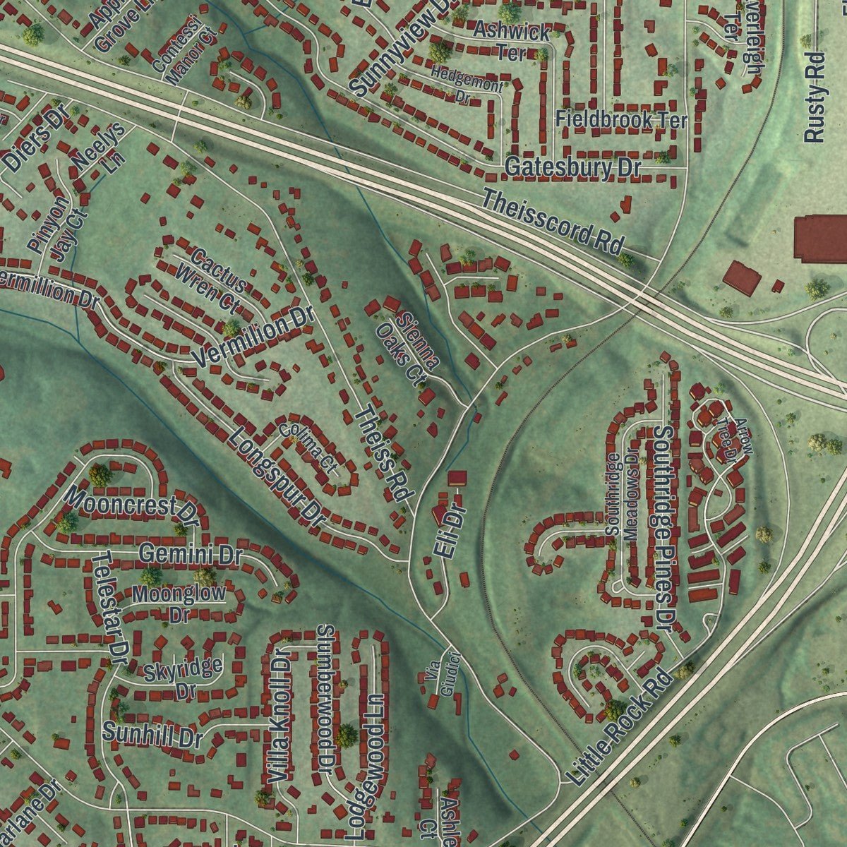 Second close-up of the map of Concord, Missouri print showing more streets and buildings