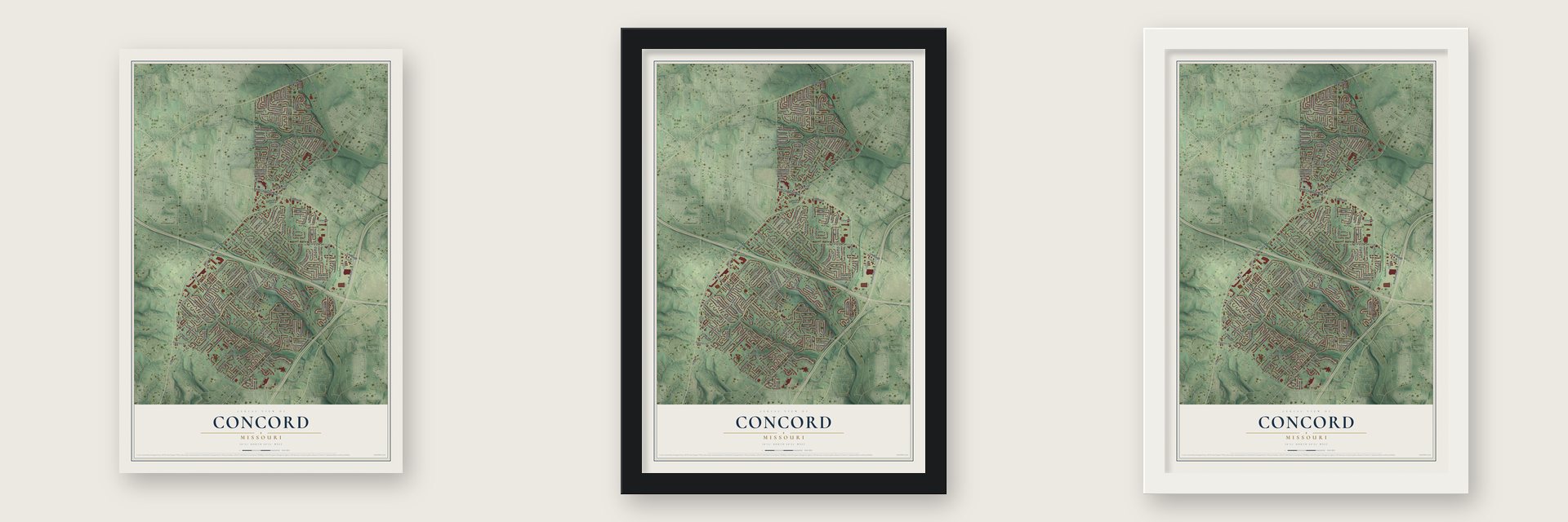 Concord, Missouri map unframed, in a black wood frame and in a white wood frame