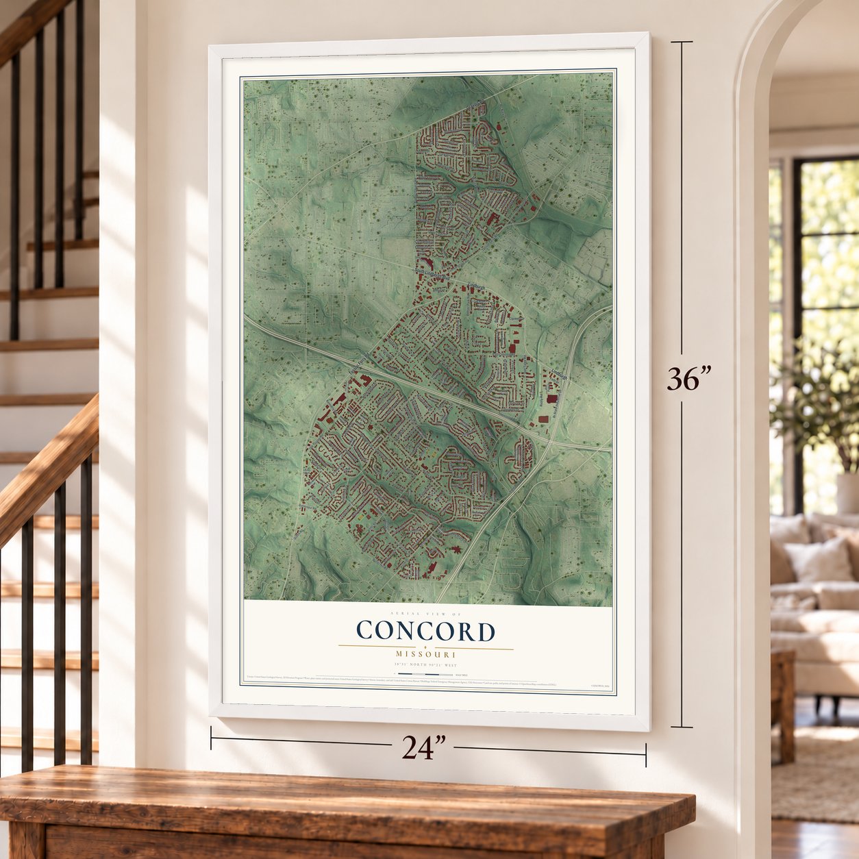 Concord, Missouri map, 24 x 36 inch print in a white frame by a staircase