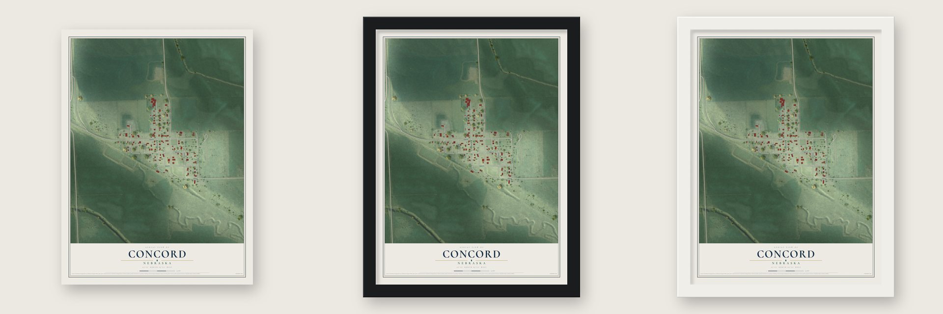 Concord, Nebraska map unframed, in a black wood frame and in a white wood frame