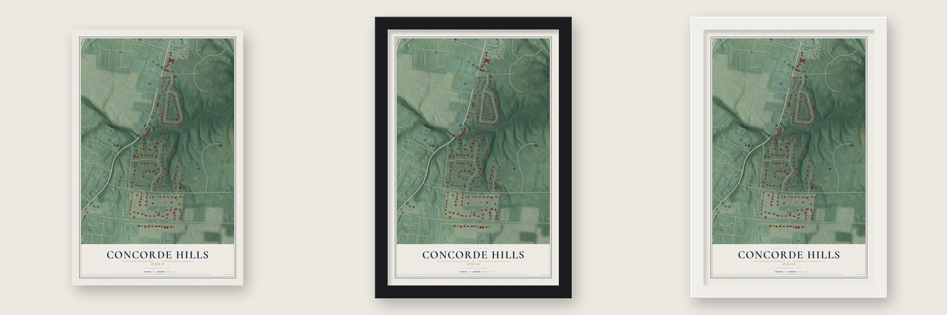 Concorde Hills, Ohio map unframed, in a black wood frame and in a white wood frame