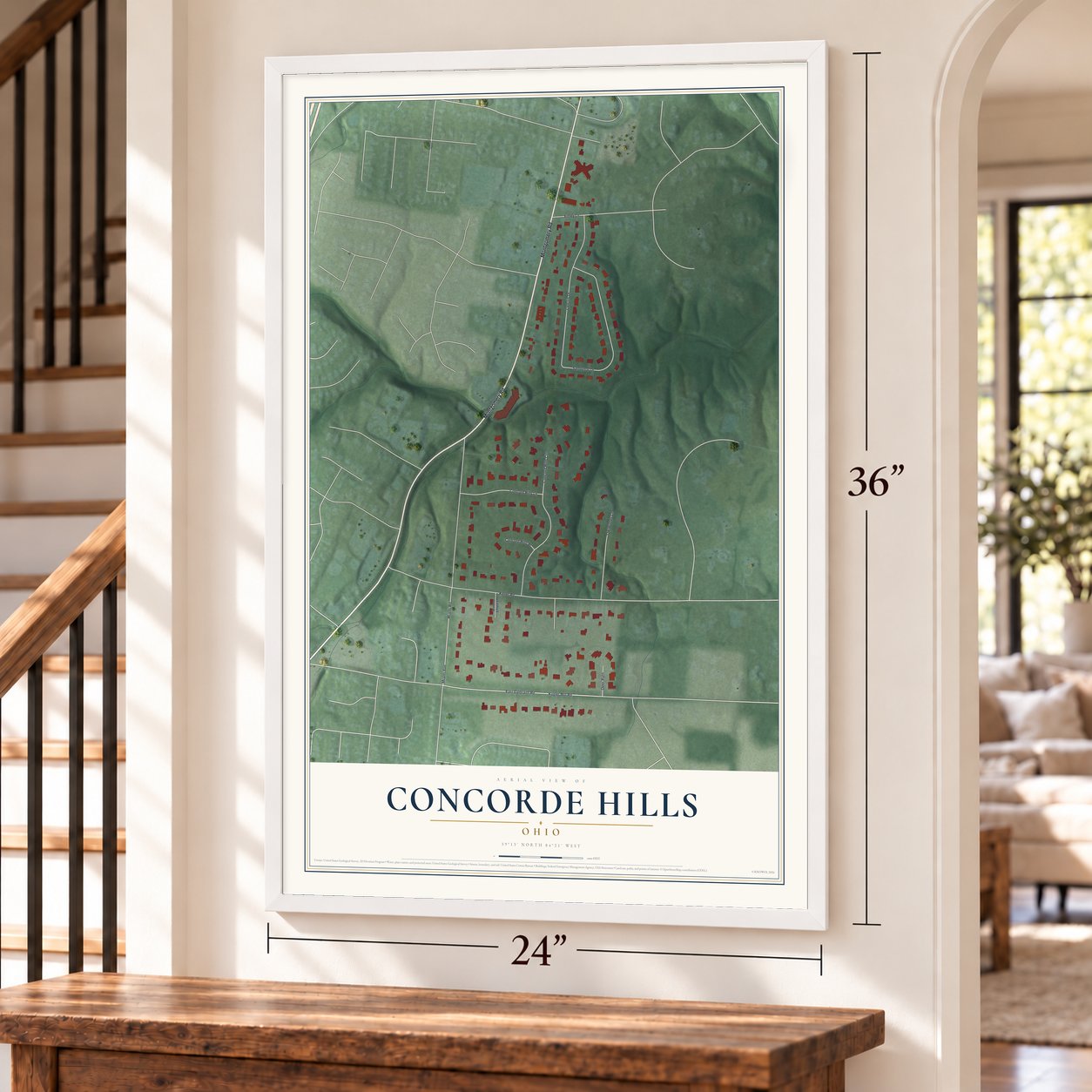 Concorde Hills, Ohio map, 24 x 36 inch print in a white frame by a staircase
