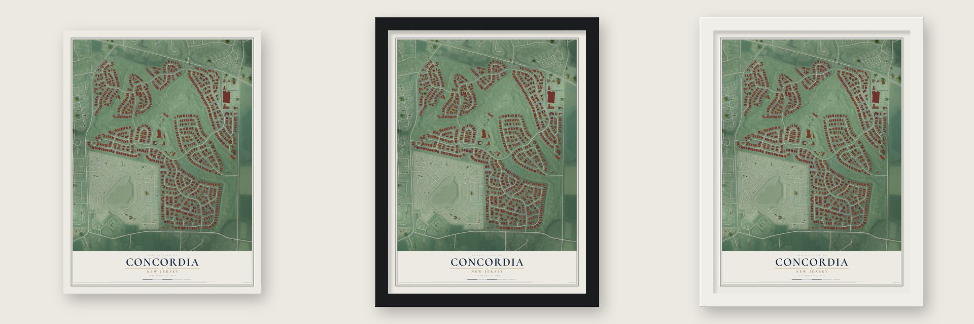 Concordia, New Jersey map unframed, in a black wood frame and in a white wood frame