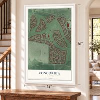 Concordia, New Jersey map, 24 x 36 inch print in a white frame by a staircase