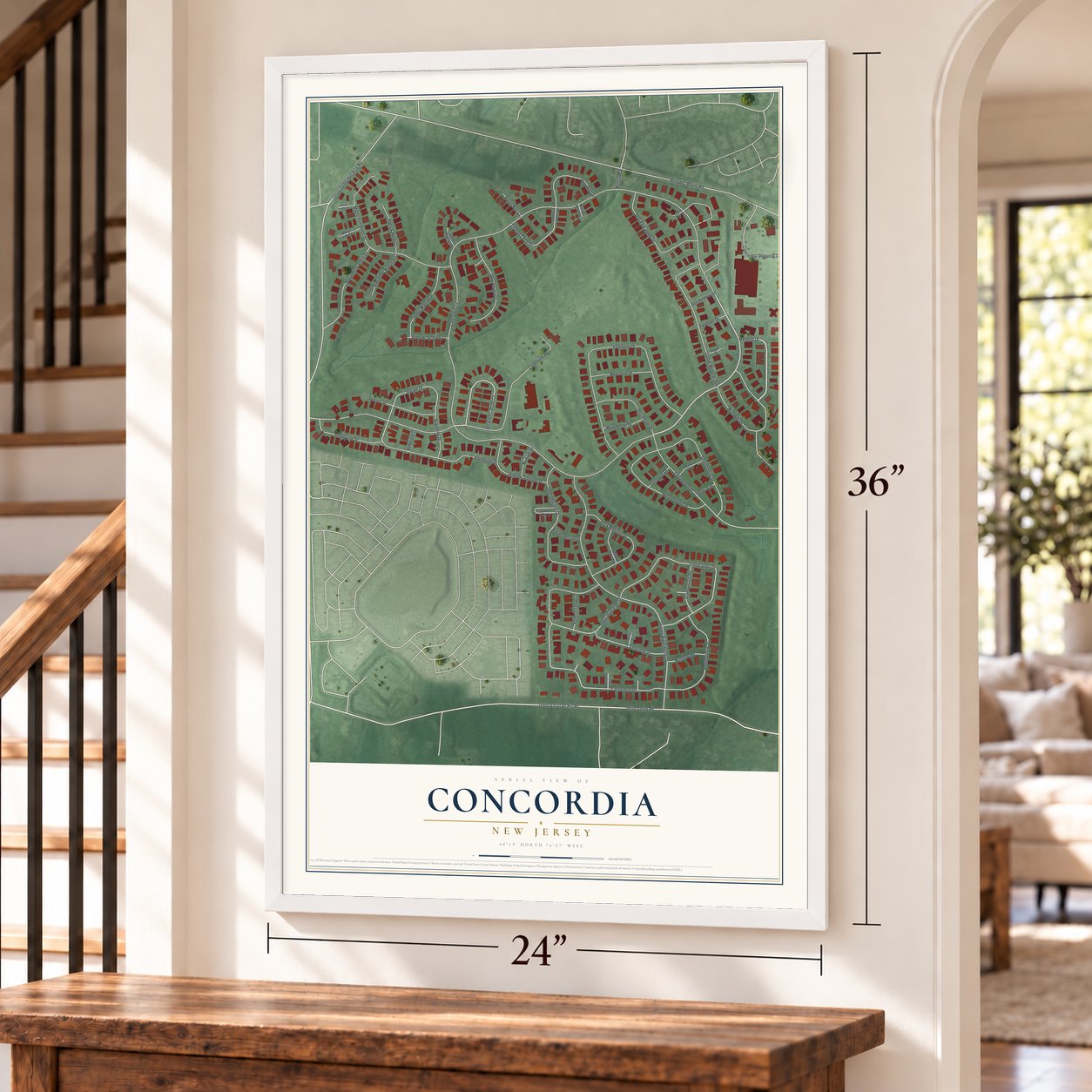 Concordia, New Jersey map, 24 x 36 inch print in a white frame by a staircase