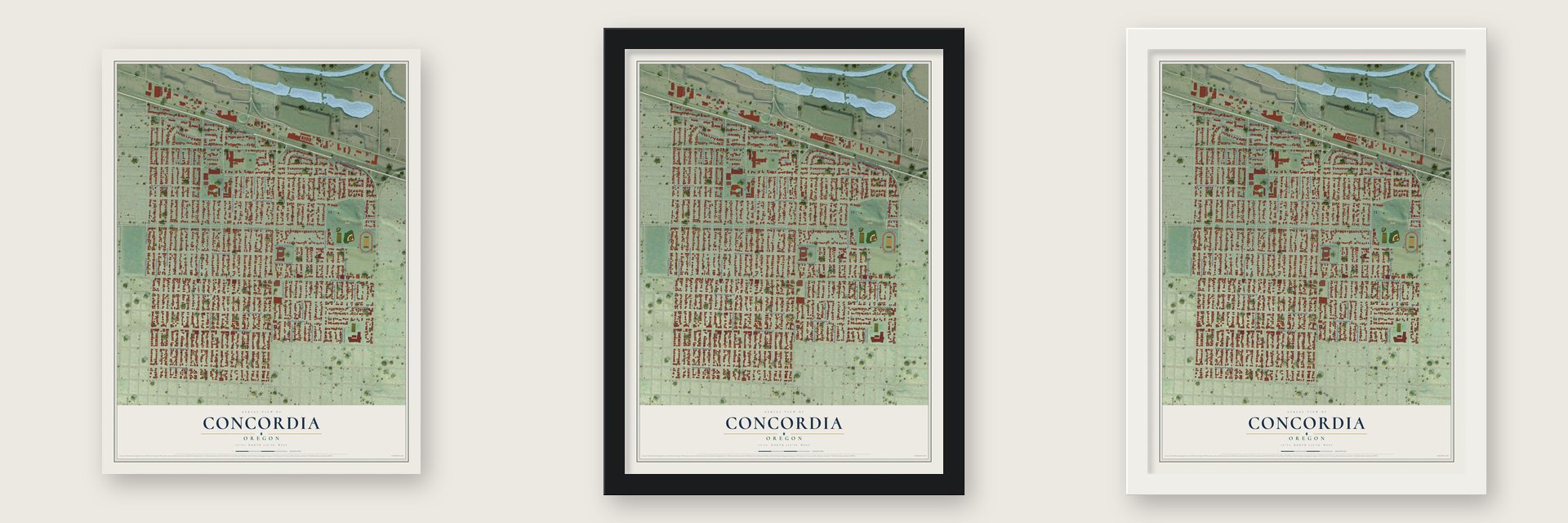 Concordia, Oregon map unframed, in a black wood frame and in a white wood frame