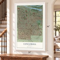 Concordia, Oregon map, 24 x 36 inch print in a white frame by a staircase
