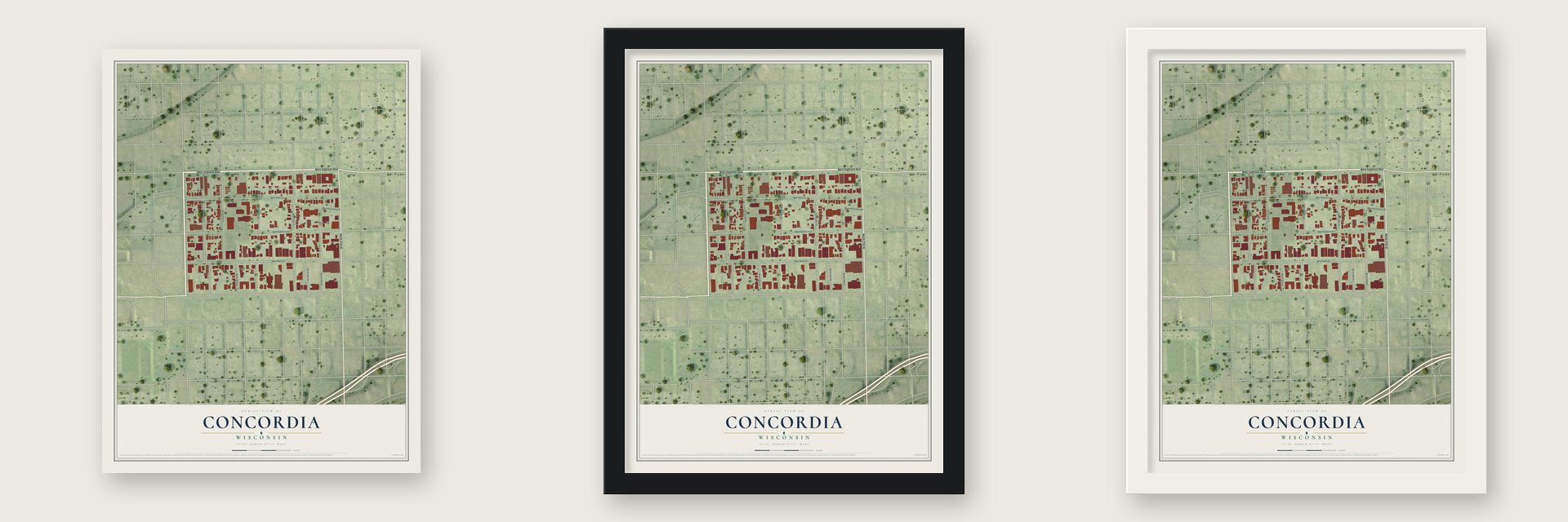 Concordia, Wisconsin map unframed, in a black wood frame and in a white wood frame