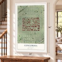 Concordia, Wisconsin map, 24 x 36 inch print in a white frame by a staircase