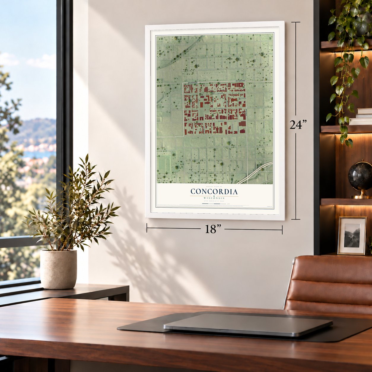 Concordia, Wisconsin map, 18 x 24 inch print in a white frame in a home office