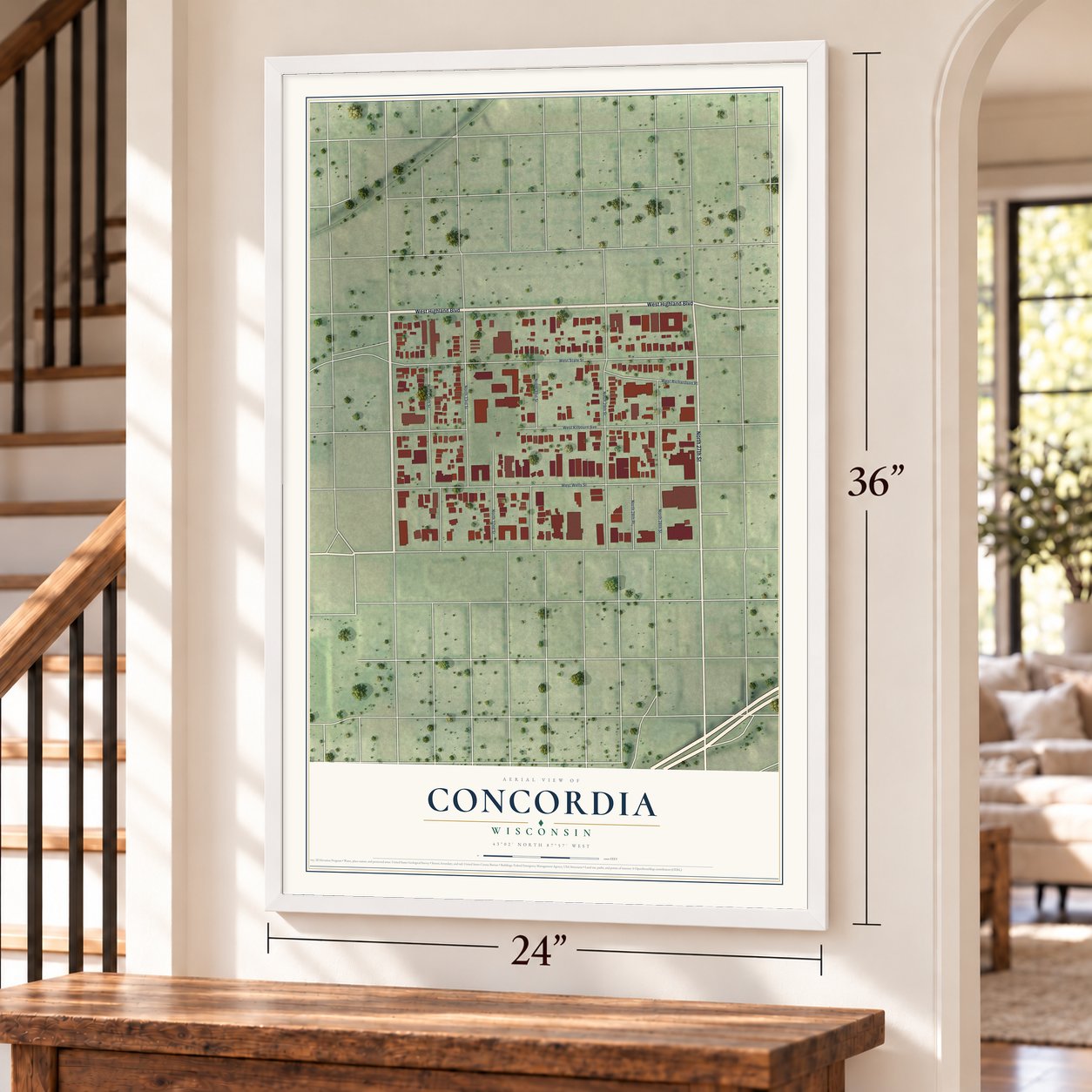 Concordia, Wisconsin map, 24 x 36 inch print in a white frame by a staircase