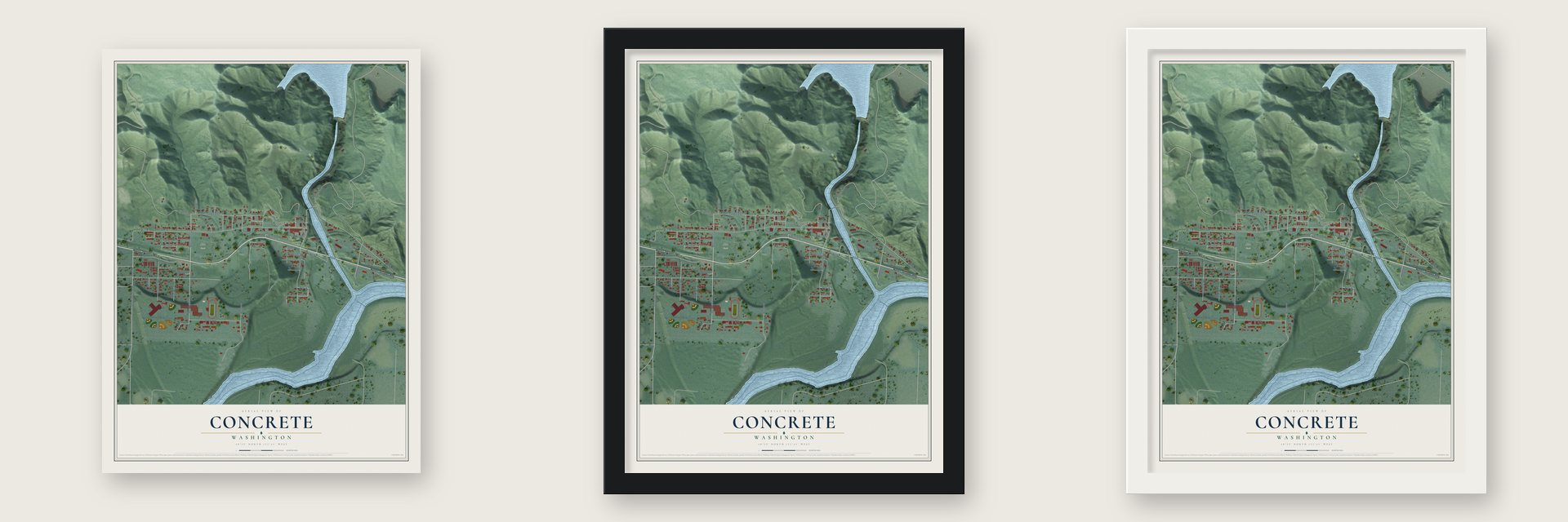Concrete, Washington map unframed, in a black wood frame and in a white wood frame