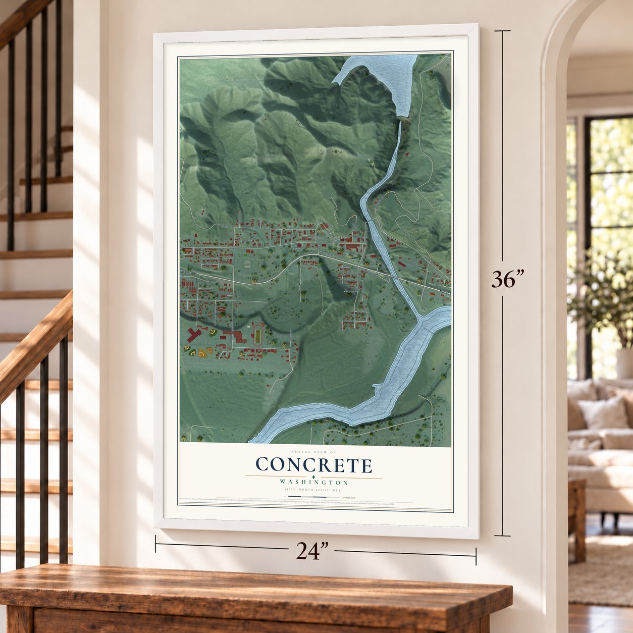 Concrete, Washington map, 24 x 36 inch print in a white frame by a staircase