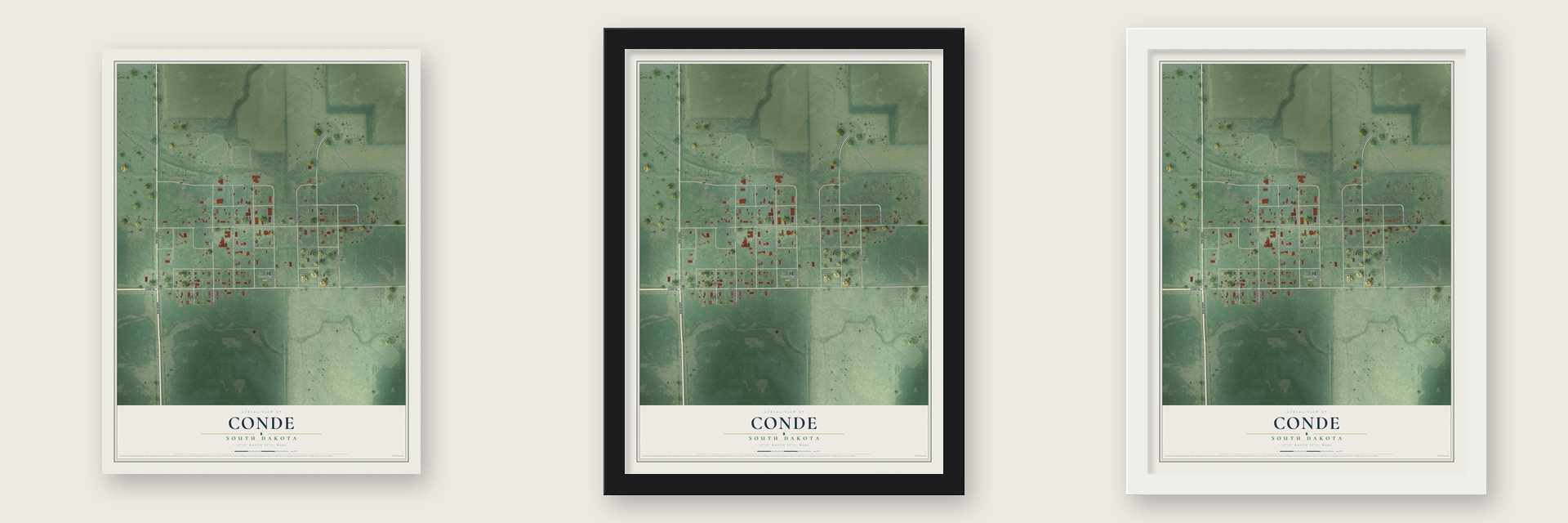 Conde, South Dakota map unframed, in a black wood frame and in a white wood frame