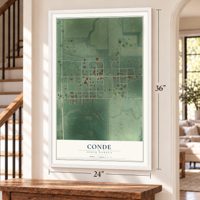 Conde, South Dakota map, 24 x 36 inch print in a white frame by a staircase