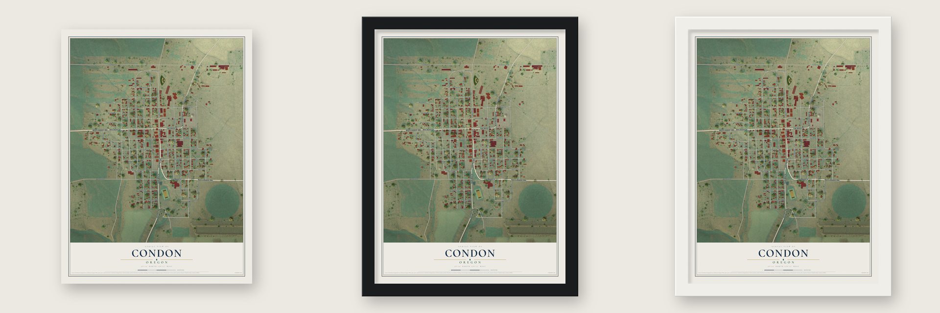 Condon, Oregon map unframed, in a black wood frame and in a white wood frame