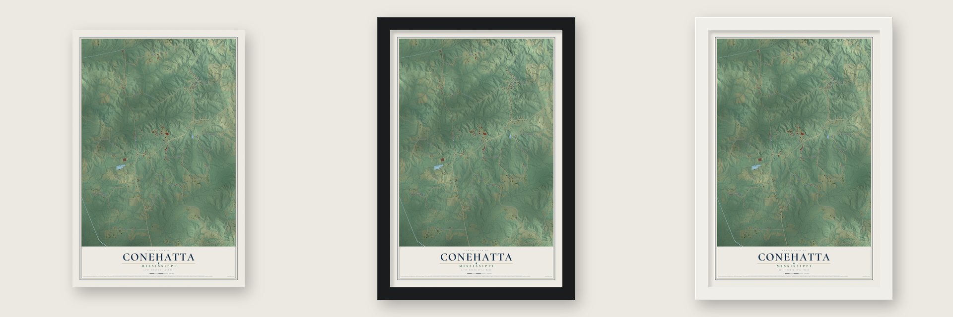 Conehatta, Mississippi map unframed, in a black wood frame and in a white wood frame