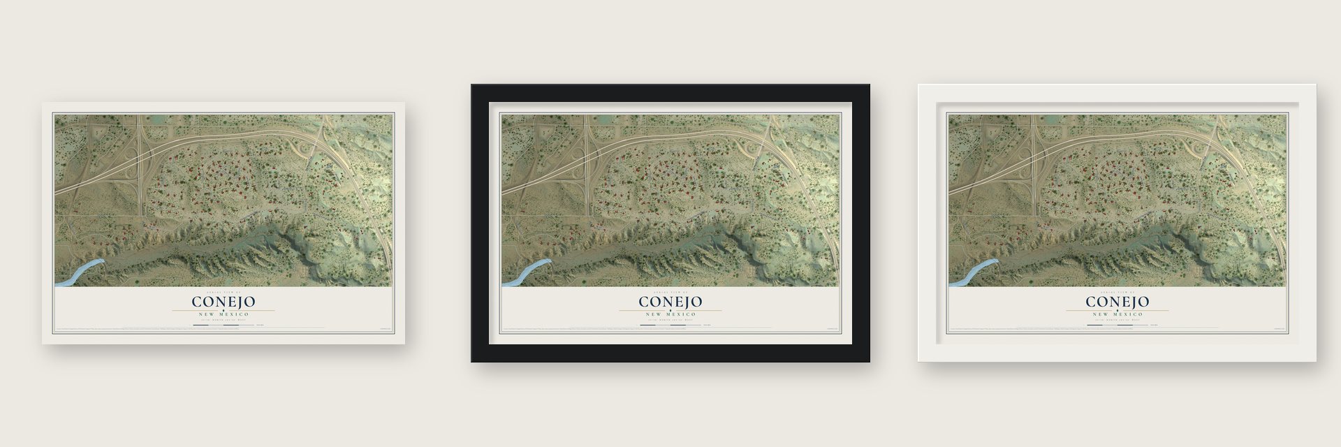 Conejo, New Mexico map unframed, in a black wood frame and in a white wood frame