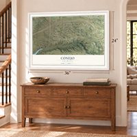 Conejo, New Mexico map, 24 x 36 inch print in a white frame above a dresser by a staircase