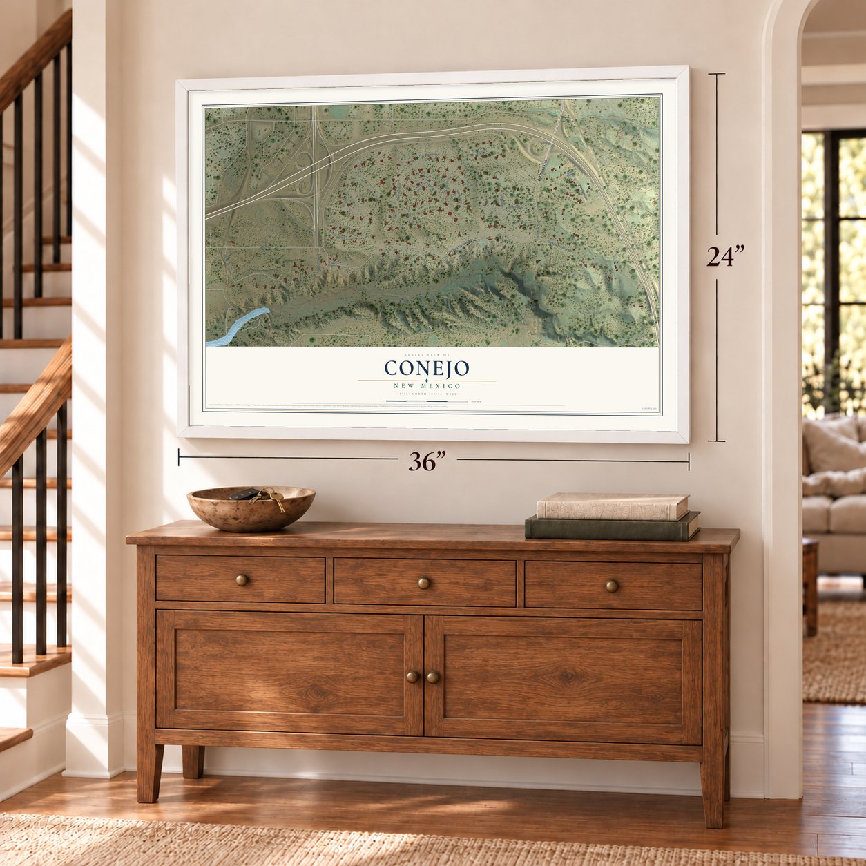 Conejo, New Mexico map, 24 x 36 inch print in a white frame above a dresser by a staircase