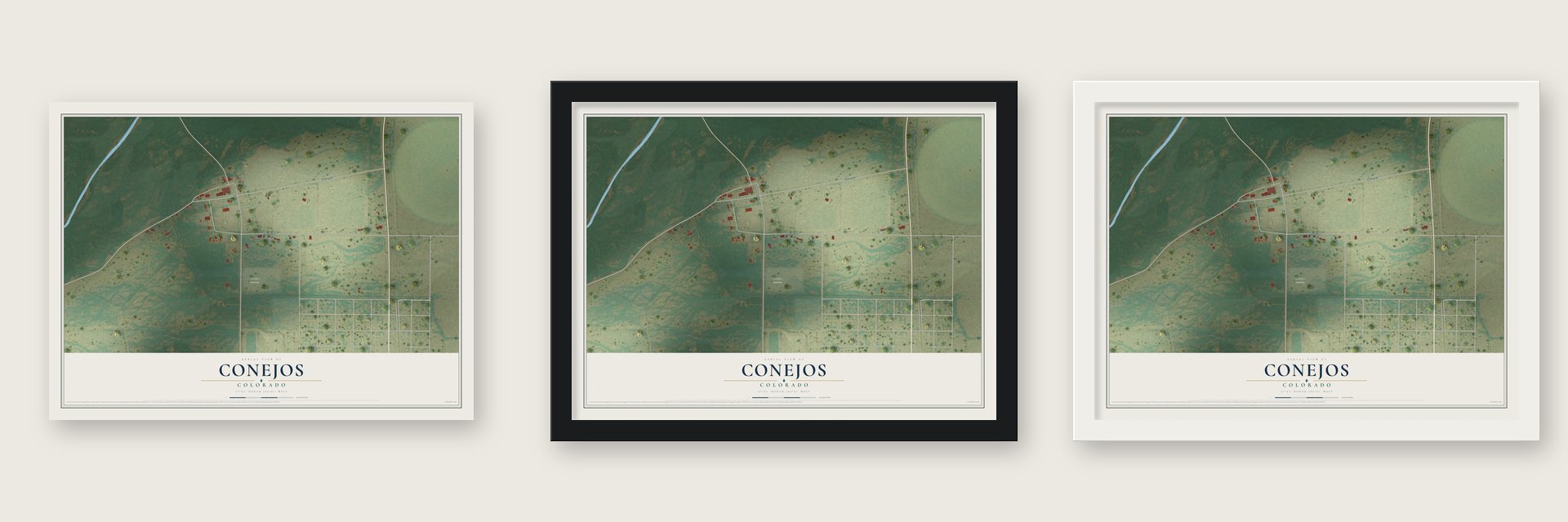 Conejos, Colorado map unframed, in a black wood frame and in a white wood frame