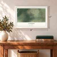Conejos, Colorado map, 12 x 18 inch print in a white frame in an entryway