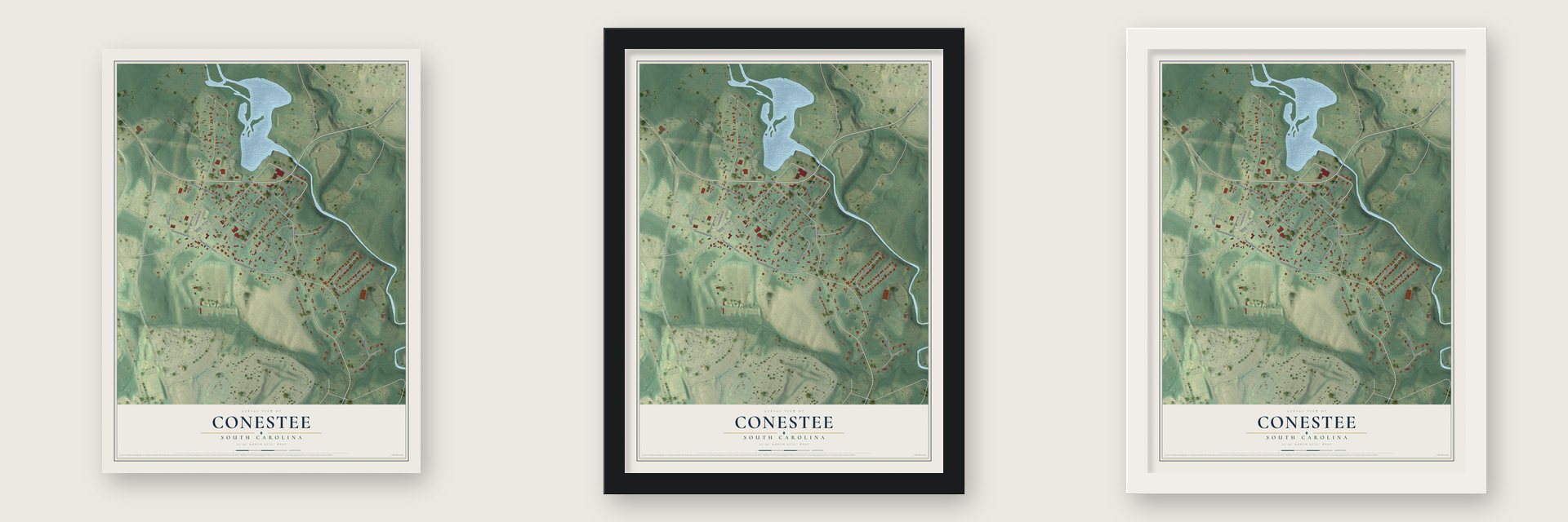 Conestee, South Carolina map unframed, in a black wood frame and in a white wood frame
