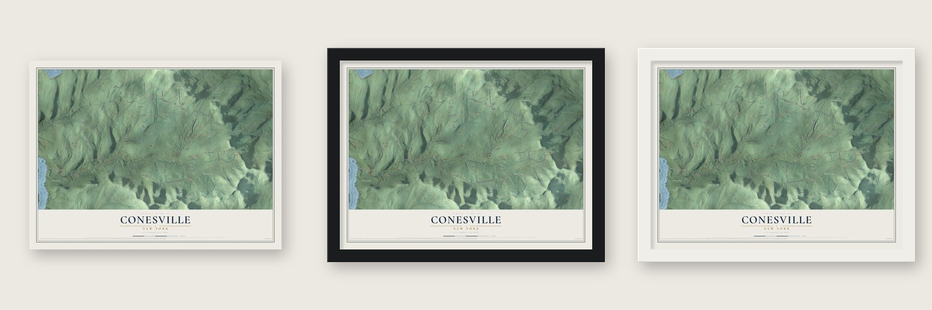 Conesville, New York map unframed, in a black wood frame and in a white wood frame