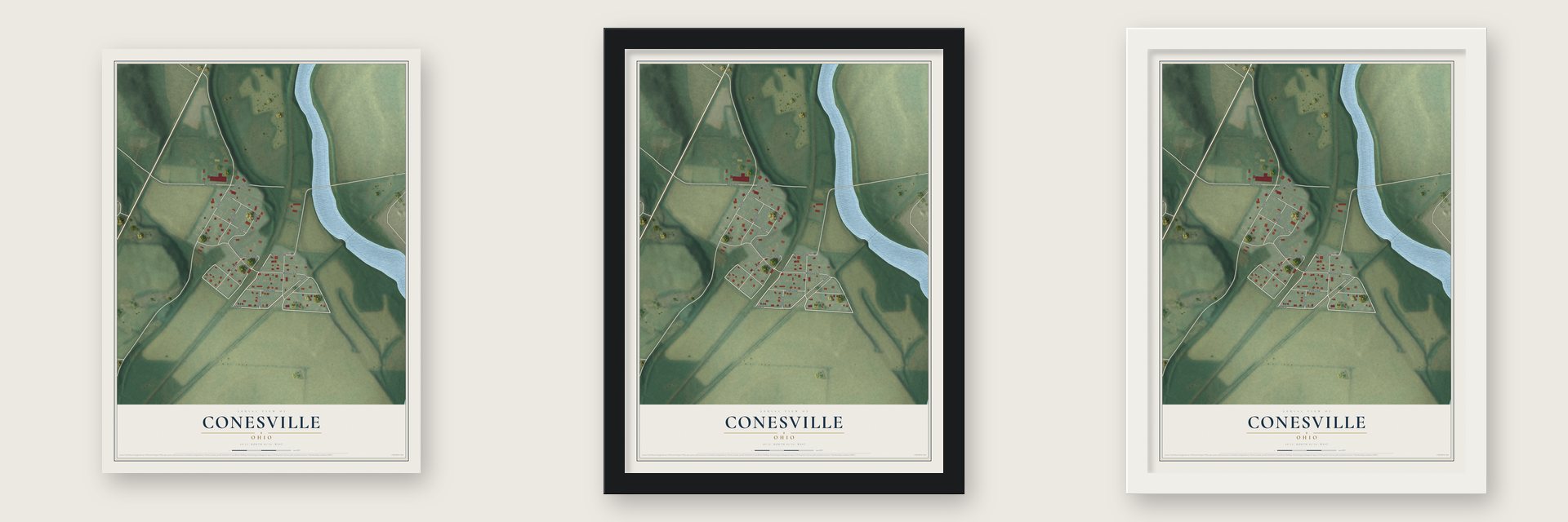 Conesville, Ohio map unframed, in a black wood frame and in a white wood frame