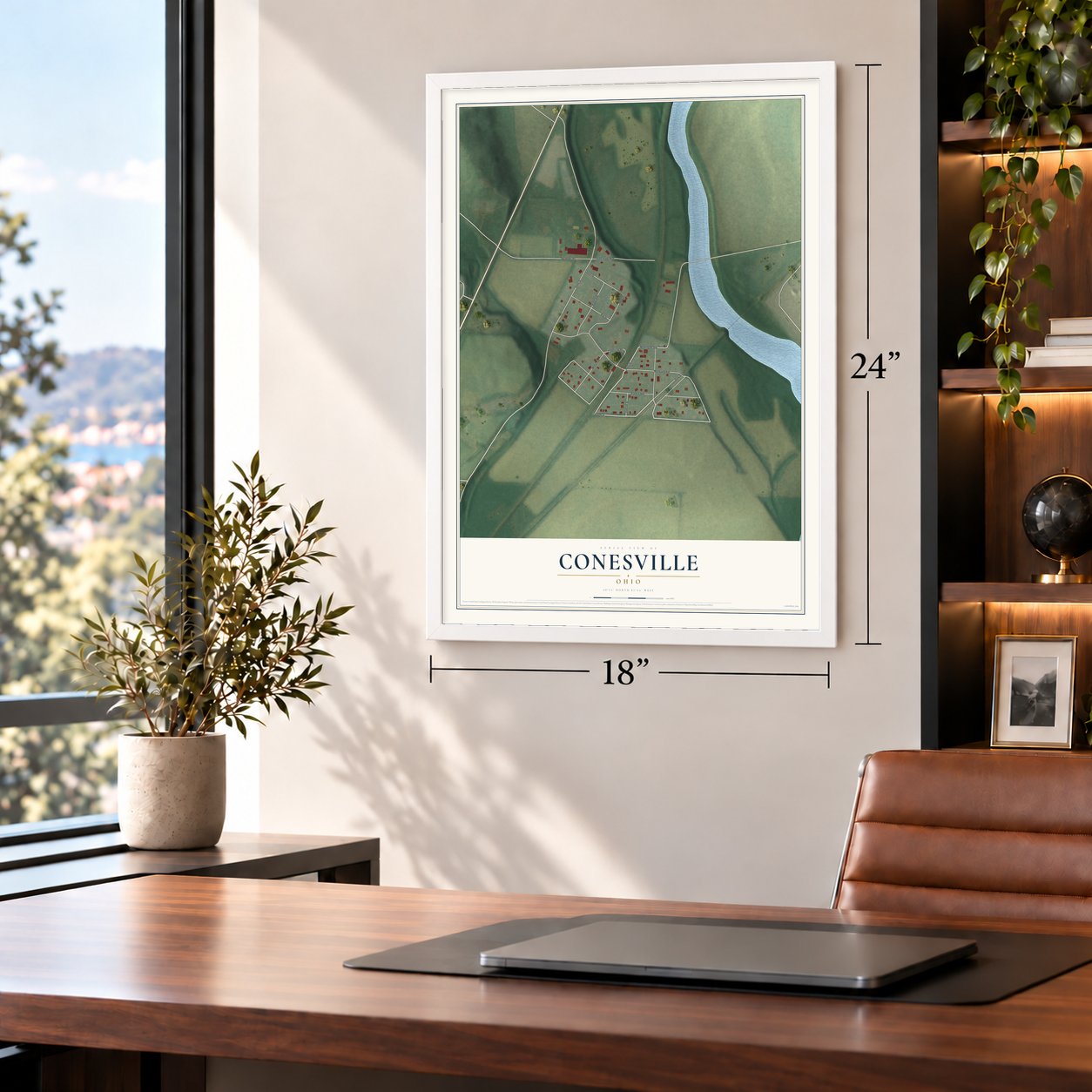 Conesville, Ohio map, 18 x 24 inch print in a white frame in a home office