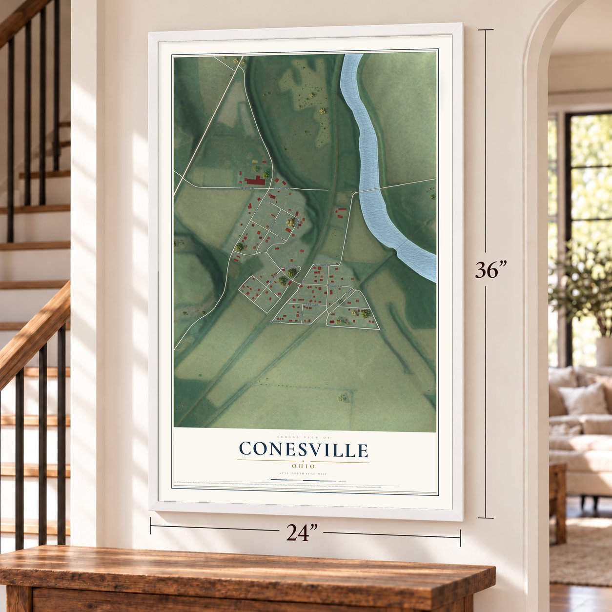 Conesville, Ohio map, 24 x 36 inch print in a white frame by a staircase