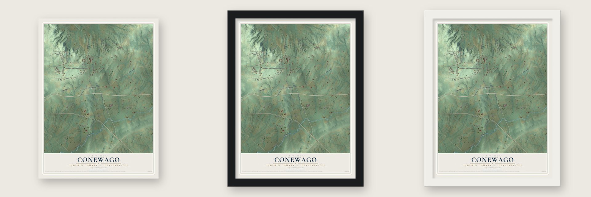 Conewago, Dauphin County, Pennsylvania map unframed, in a black wood frame and in a white wood frame