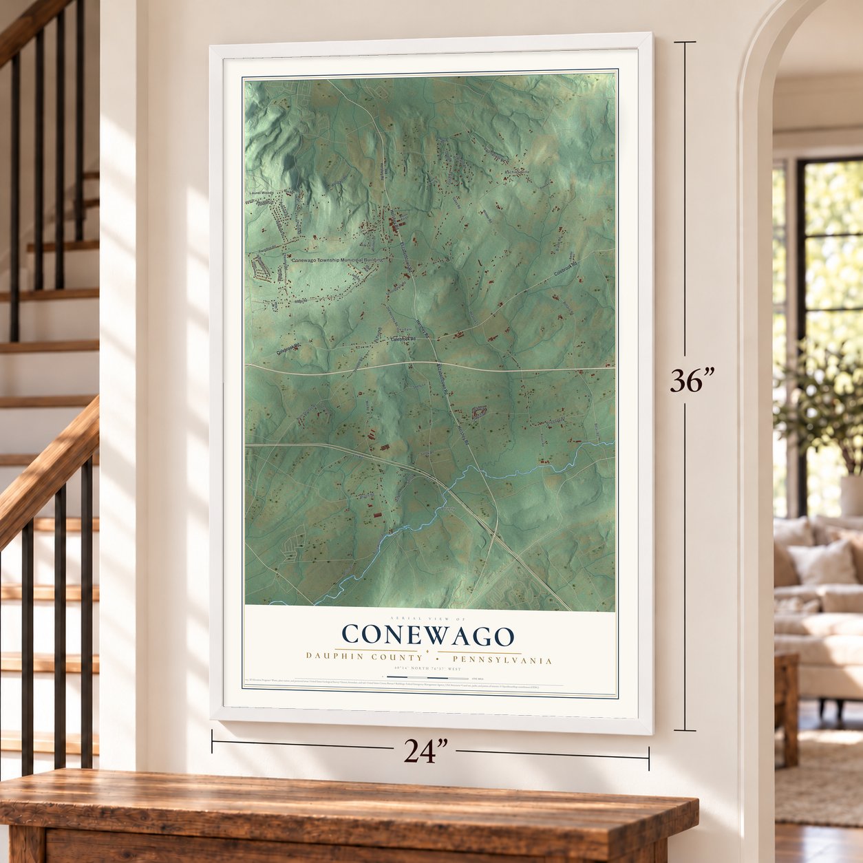 Conewago, Dauphin County, Pennsylvania map, 24 x 36 inch print in a white frame by a staircase